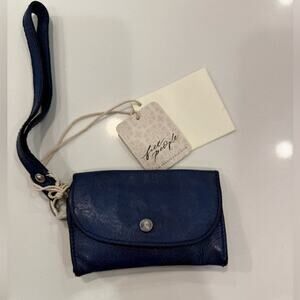 NWT Free People Leather Bag Lanyard Coin ID Wristlet Blue Boho Travel Festival